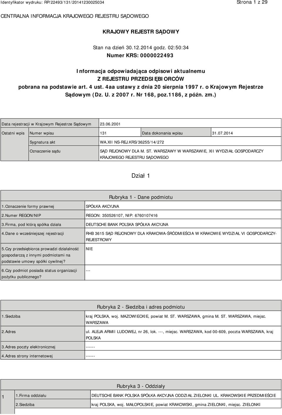 o Krajowym Rejestrze Sądowym (Dz. U. z 2007 r. Nr 168, poz.1186, z późn. zm.) Data rejestracji w Krajowym Rejestrze Sądowym 23.06.2001 Ostatni wpis Numer wpisu 131 Data dokonania wpisu 31.07.2014 Sygnatura akt Oznaczenie sądu WA.