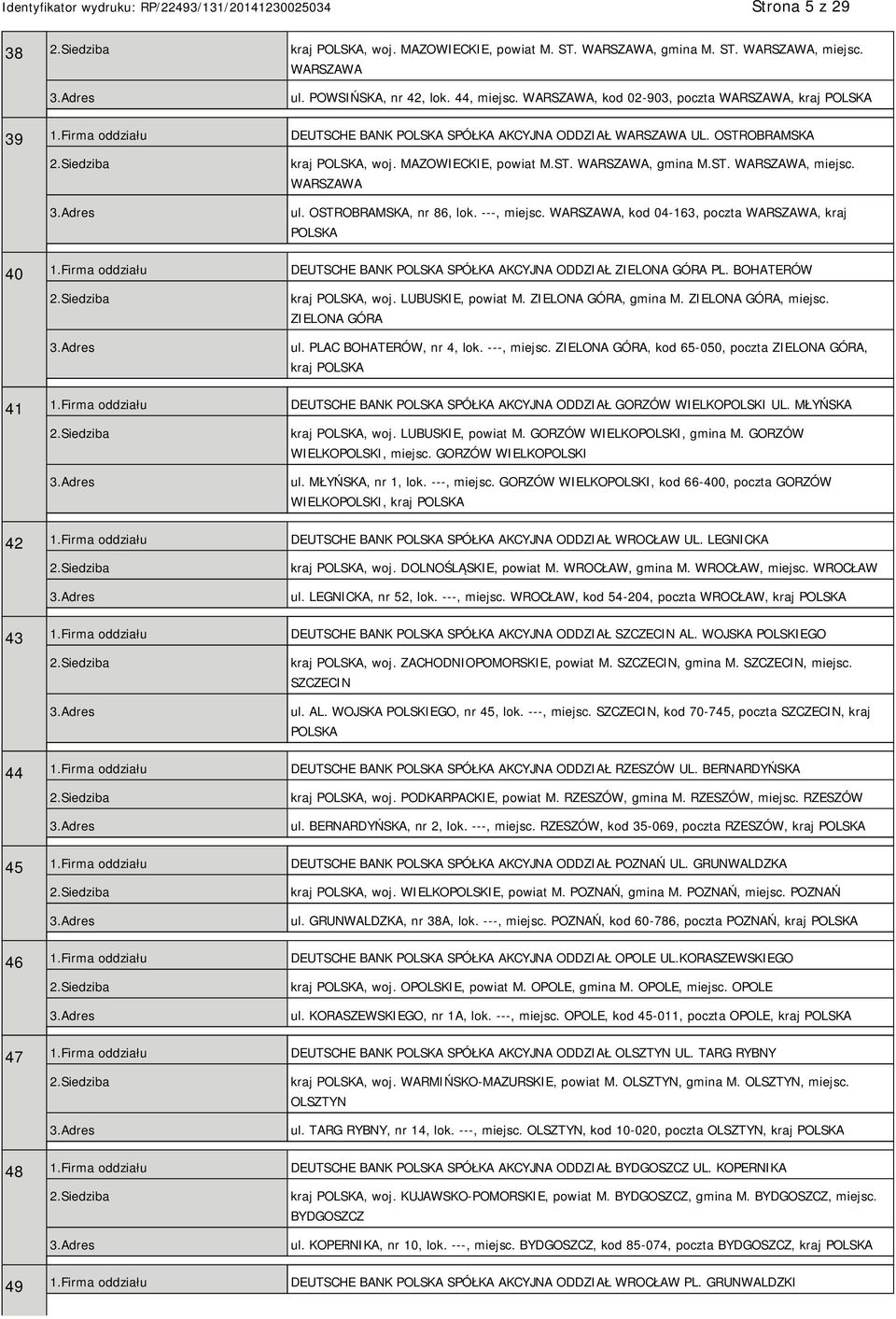 , kod 04-163, poczta, kraj 40 1.Firma oddziału DEUTSCHE BANK SPÓŁKA AKCYJNA ODDZIAŁ ZIELONA GÓRA PL. BOHATERÓW kraj, woj. LUBUSKIE, powiat M. ZIELONA GÓRA, gmina M. ZIELONA GÓRA, miejsc.