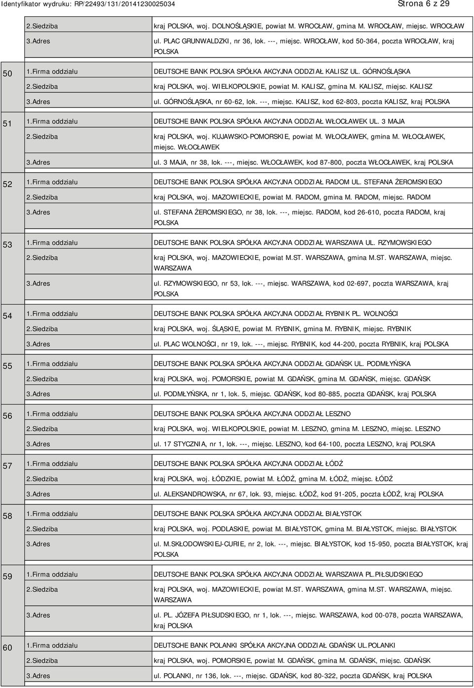 KALISZ, kod 62-803, poczta KALISZ, kraj 51 1.Firma oddziału DEUTSCHE BANK SPÓŁKA AKCYJNA ODDZIAŁ WŁOCŁAWEK UL. 3 MAJA kraj, woj. KUJAWSKO-POMORSKIE, powiat M. WŁOCŁAWEK, gmina M. WŁOCŁAWEK, miejsc.