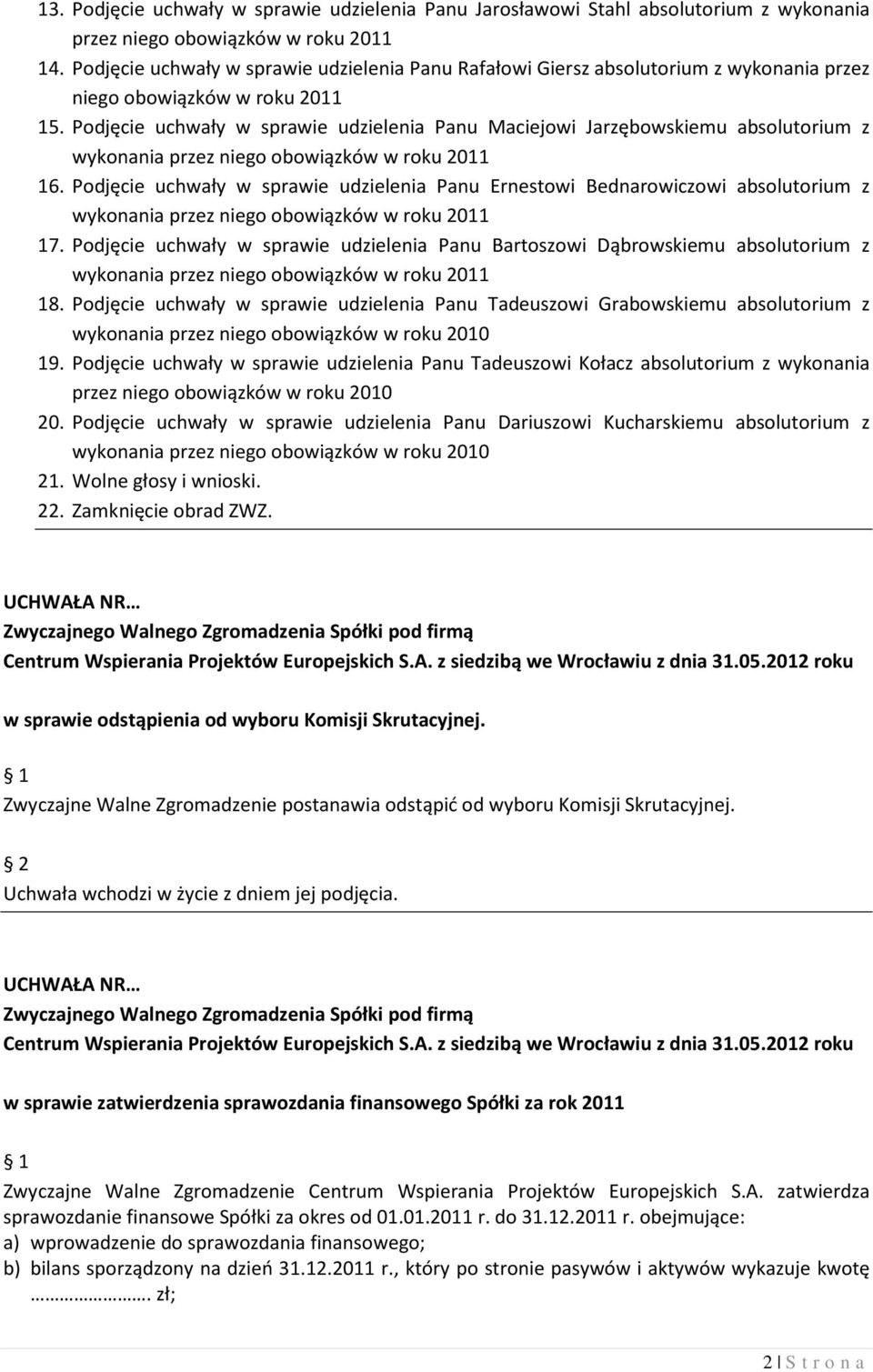 Podjęcie uchwały w sprawie udzielenia Panu Maciejowi Jarzębowskiemu absolutorium z wykonania przez niego obowiązków w roku 2011 16.