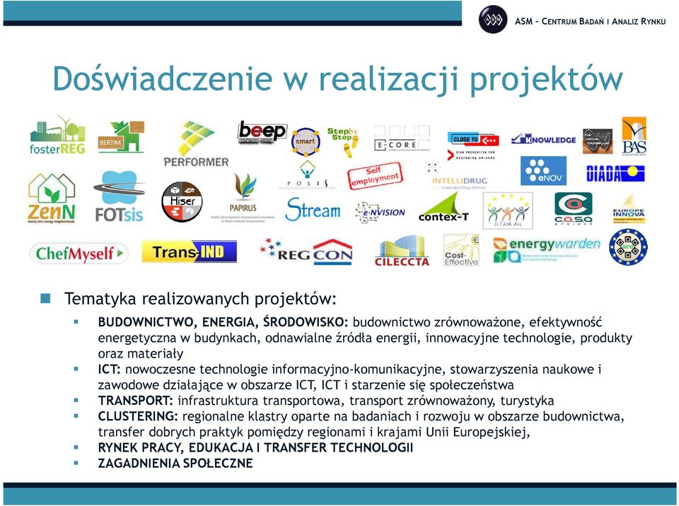 działające w obszarze ICT, ICT i starzenie się społeczeństwa TRANSPORT: infrastruktura transportowa, transport zrównoważony, turystyka CLUSTERING: regionalne klastry oparte