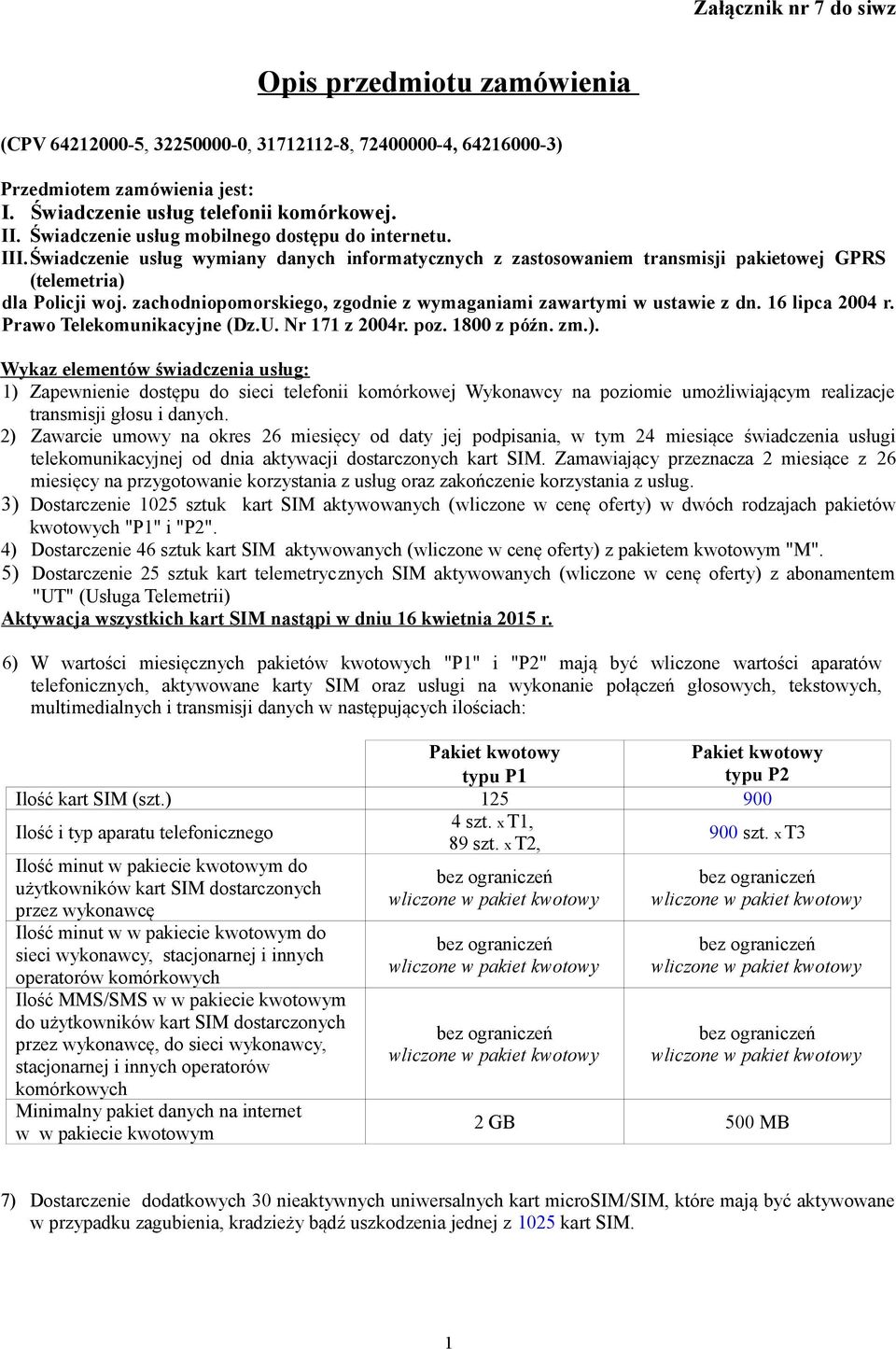 zachodniopomorskiego, zgodnie z wymaganiami zawartymi w ustawie z dn. 16 lipca 2004 r. Prawo Telekomunikacyjne (Dz.U. Nr 171 z 2004r. poz. 1800 z późn. zm.).