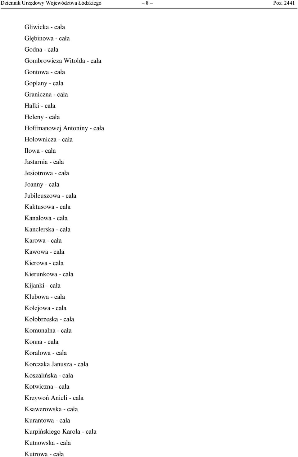 Holownicza - cała Iłowa - cała Jastarnia - cała Jesiotrowa - cała Joanny - cała Jubileuszowa - cała Kaktusowa - cała Kanałowa - cała Kanclerska - cała Karowa - cała Kawowa - cała