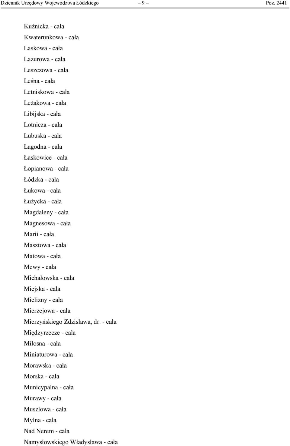 cała Łagodna - cała Łaskowice - cała Łopianowa - cała Łódzka - cała Łukowa - cała Łużycka - cała Magdaleny - cała Magnesowa - cała Marii - cała Masztowa - cała Matowa - cała