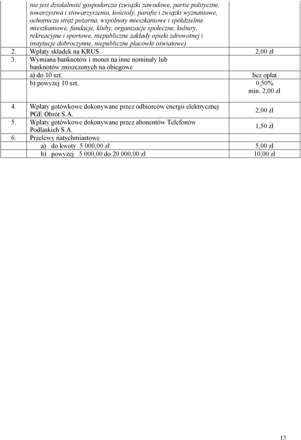 Wpłaty składek na KRUS 2,00 zł 3. Wymiana banknotów i monet na inne nominały lub banknotów zniszczonych na obiegowe a) do 10 szt. b) powyżej 10 szt. 0,50% min. 2,00 zł 4.