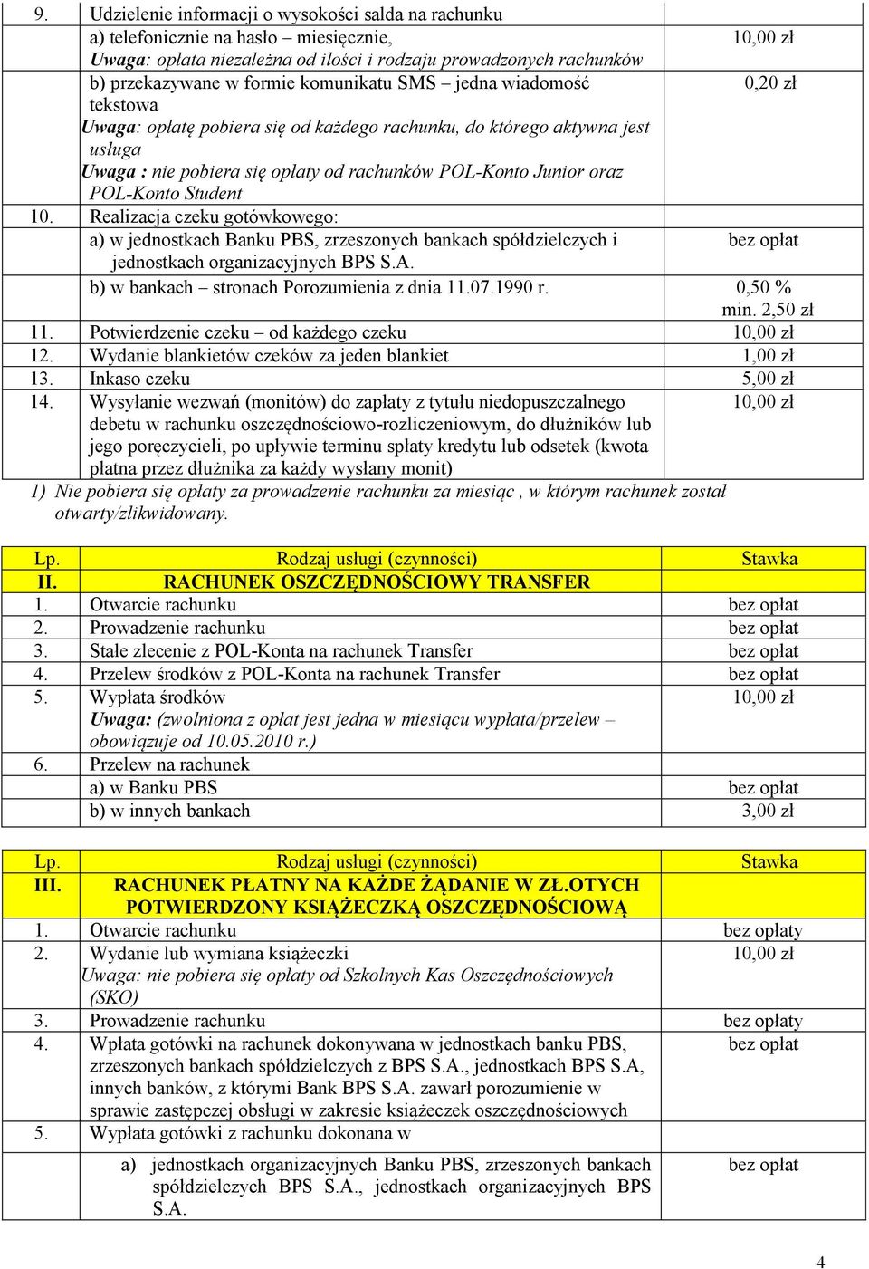 10. Realizacja czeku gotówkowego: a) w jednostkach Banku PBS, zrzeszonych bankach spółdzielczych i jednostkach organizacyjnych BPS S.A. b) w bankach stronach Porozumienia z dnia 11.07.1990 r.