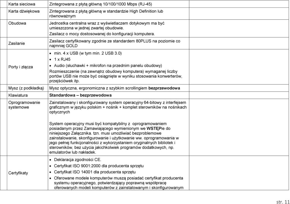 Zasilacz certyfikowany zgodnie ze standardem 80PLUS na poziomie co najmniej GOLD min. 4 x USB (w tym min. 2 USB 3.