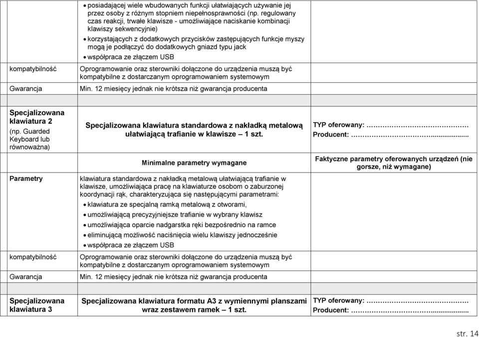 dodatkowych gniazd typu jack współpraca ze złączem USB kompatybilność Gwarancja Oprogramowanie oraz sterowniki dołączone do urządzenia muszą być kompatybilne z dostarczanym oprogramowaniem systemowym