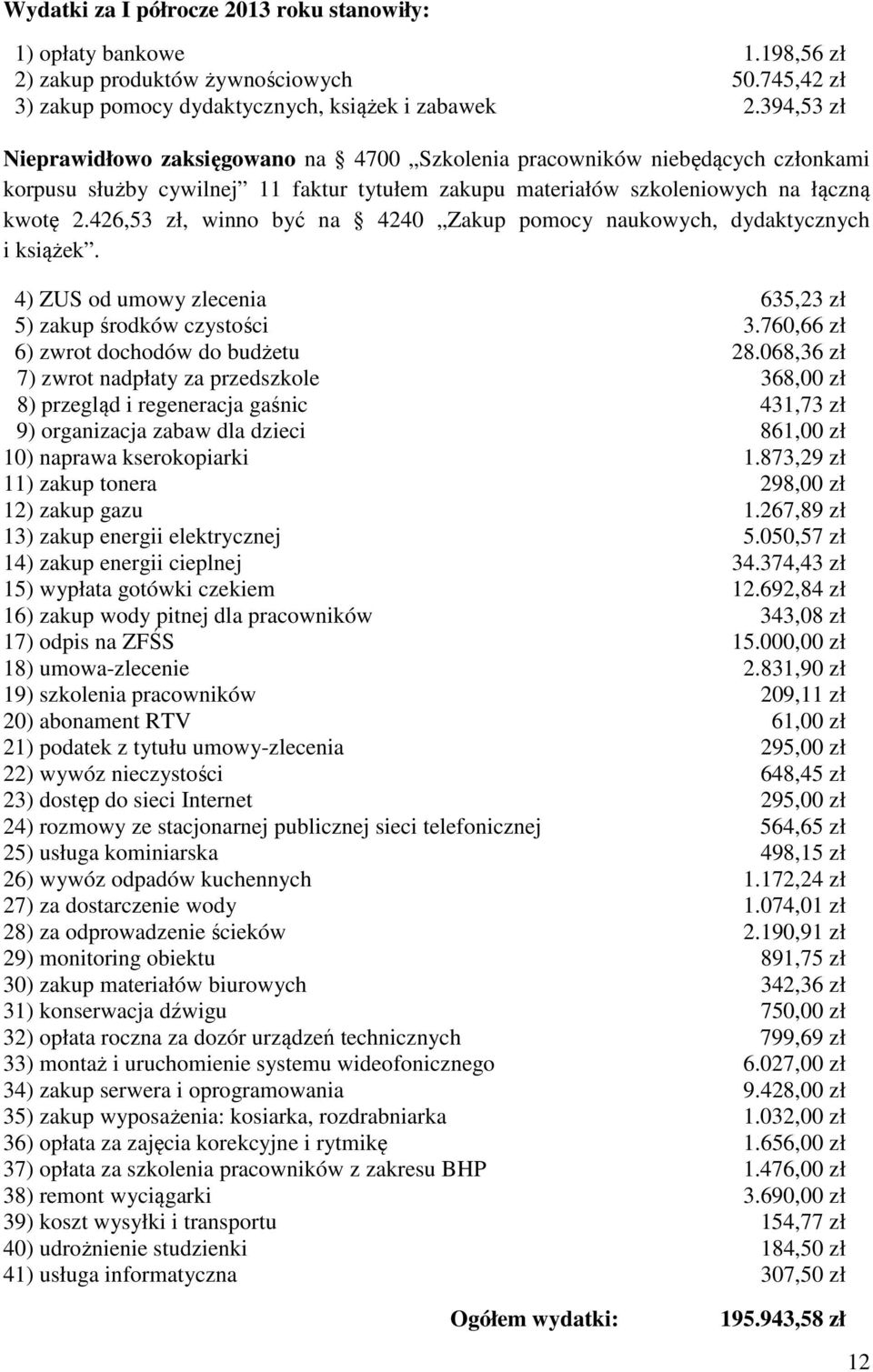 426,53 zł, winno być na 4240 Zakup pomocy naukowych, dydaktycznych i książek. 4) ZUS od umowy zlecenia 635,23 zł 5) zakup środków czystości 3.760,66 zł 6) zwrot dochodów do budżetu 28.