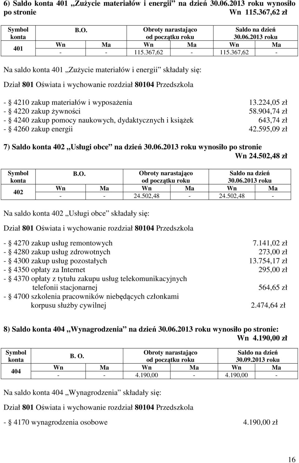 904,74 zł - 4240 zakup pomocy naukowych, dydaktycznych i książek 643,74 zł - 4260 zakup energii 42.595,09 zł 7) Saldo 402 Usługi obce na dzień 30.06.2013 roku wynosiło po stronie Wn 24.