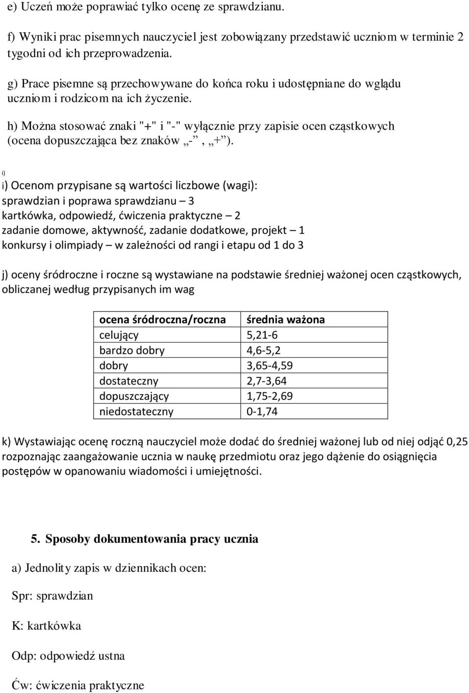 h) Można stosować znaki "+" i "-" wyłącznie przy zapisie ocen cząstkowych (ocena dopuszczająca bez znaków -, + ).