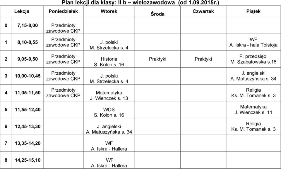 Przedmioty P. przedsięb. M. Szabatowska s.18 Przedmioty 4 11,05-11,50 Przedmioty J.