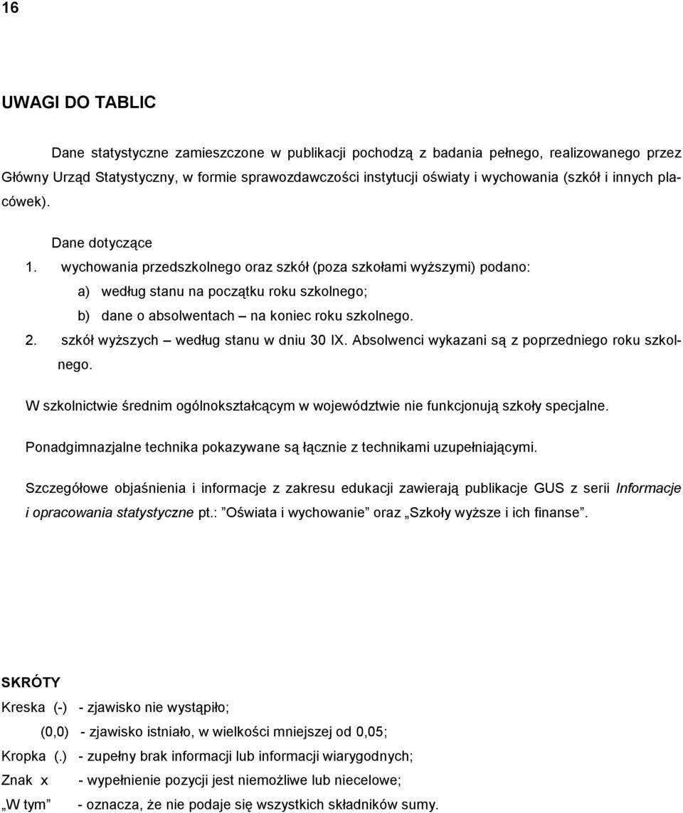 wychowania przedszkolnego oraz szkół (poza szkołami wyższymi) podano: a) według stanu na początku roku szkolnego; b) dane o absolwentach na koniec roku szkolnego. 2.