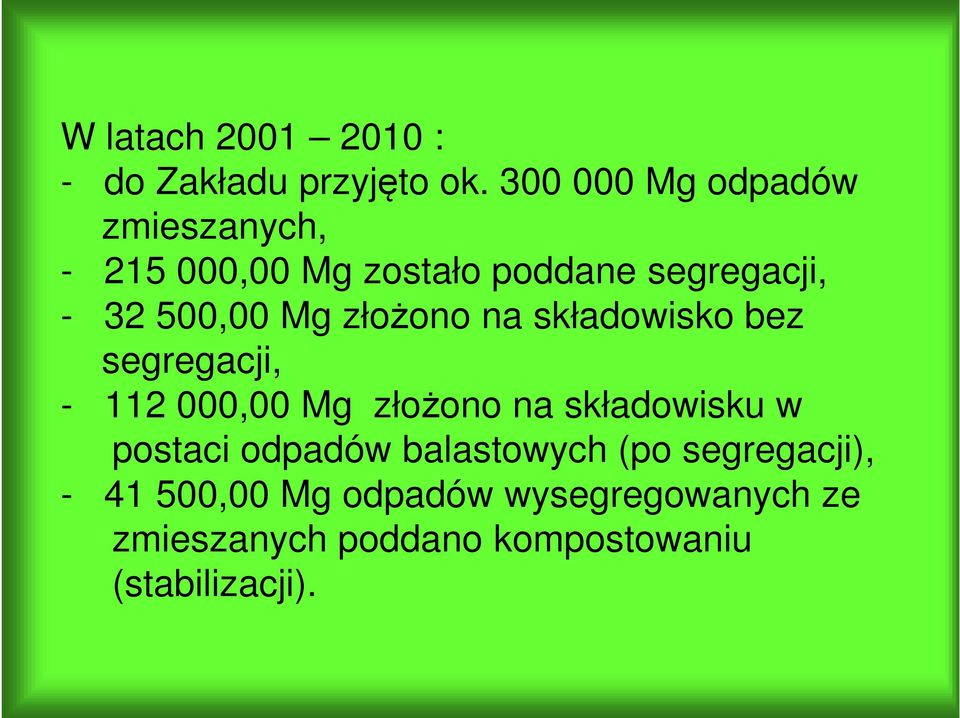 Mg złożono na składowisko bez segregacji, - 112 000,00 Mg złożono na składowisku w