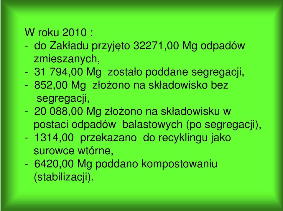 088,00 Mg złożono na składowisku w postaci odpadów balastowych (po segregacji), -