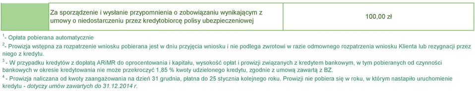 3 - W przypadku kredytów z dopłatą ARiMR do oprocentowania i kapitału, wysokość opłat i prowizji związanych z kredytem bankowym, w tym pobieranych od czynności bankowych w okresie kredytowania nie