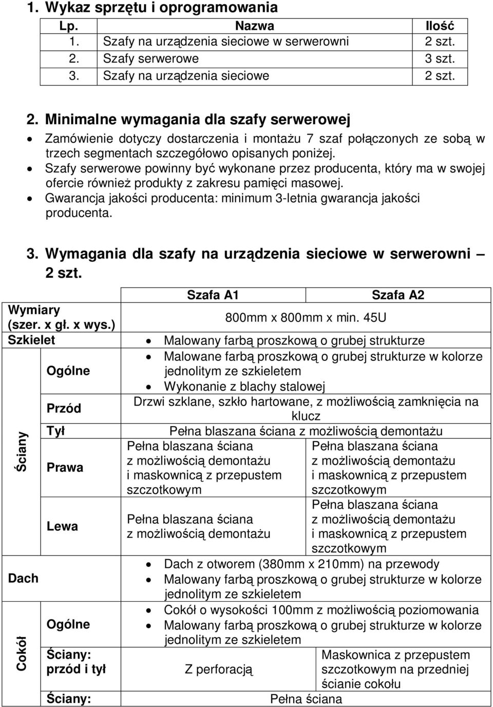 Szafy serwerowe powinny by wykonane przez producenta, który ma w swojej ofercie równie produkty z zakresu pami ci masowej. Gwarancja jako ci producenta: minimum 3-letnia gwarancja jako ci producenta.