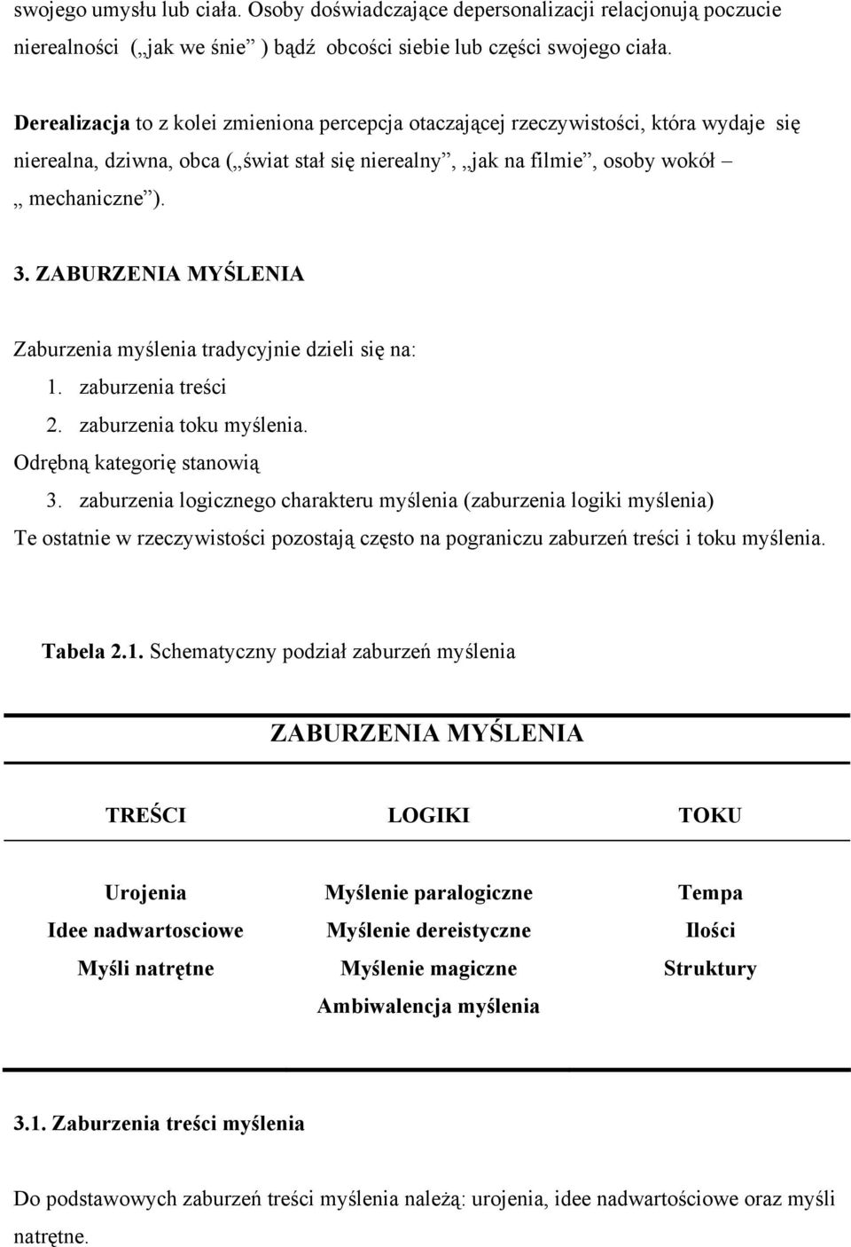 ZABURZENIA MYŚLENIA Zaburzenia myślenia tradycyjnie dzieli się na: 1. zaburzenia treści 2. zaburzenia toku myślenia. Odrębną kategorię stanowią 3.