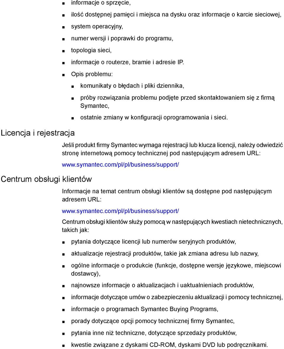 Opis problemu: komunikaty o błędach i pliki dziennika, próby rozwiązania problemu podjęte przed skontaktowaniem się z firmą Symantec, ostatnie zmiany w konfiguracji oprogramowania i sieci.