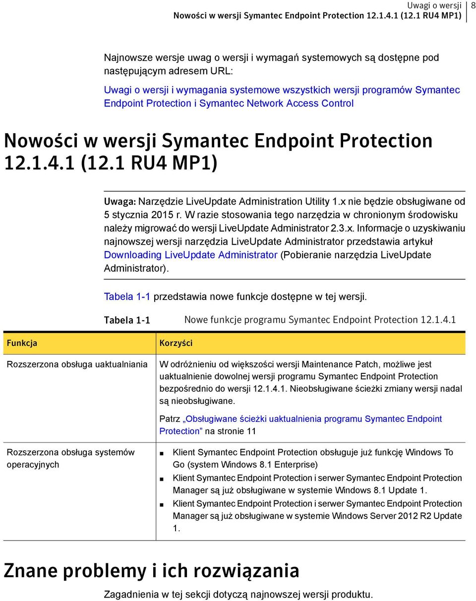 Protection i Symantec Network Access Control 1 RU4 MP1) Uwaga: Narzędzie LiveUpdate Administration Utility 1.x nie będzie obsługiwane od 5 stycznia 2015 r.