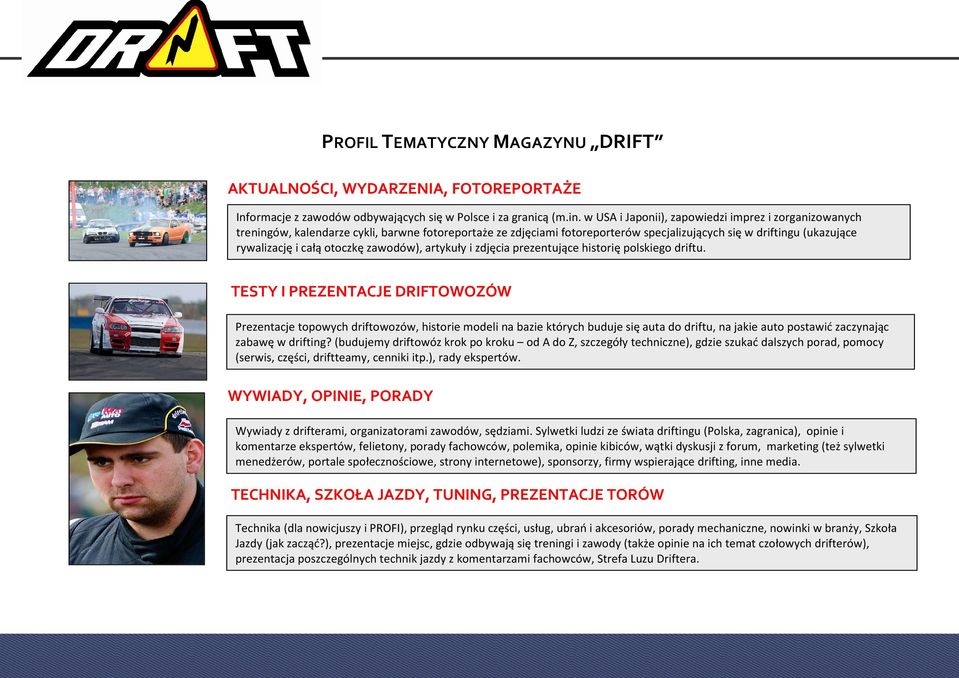 otoczkę zawodów), artykuły i zdjęcia prezentujące historię polskiego driftu.