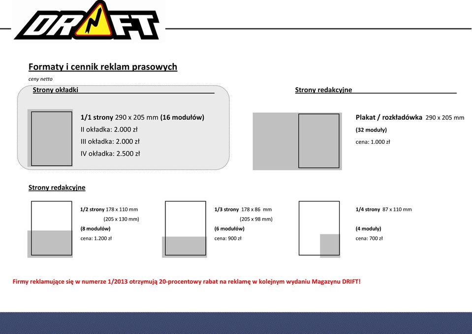 500 zł Strony redakcyjne 1/2 strony 178 x 110 mm 1/3 strony 178 x 86 mm 1/4 strony 87 x 110 mm (205 x 130 mm) (205 x 98 mm) (8 modułów)