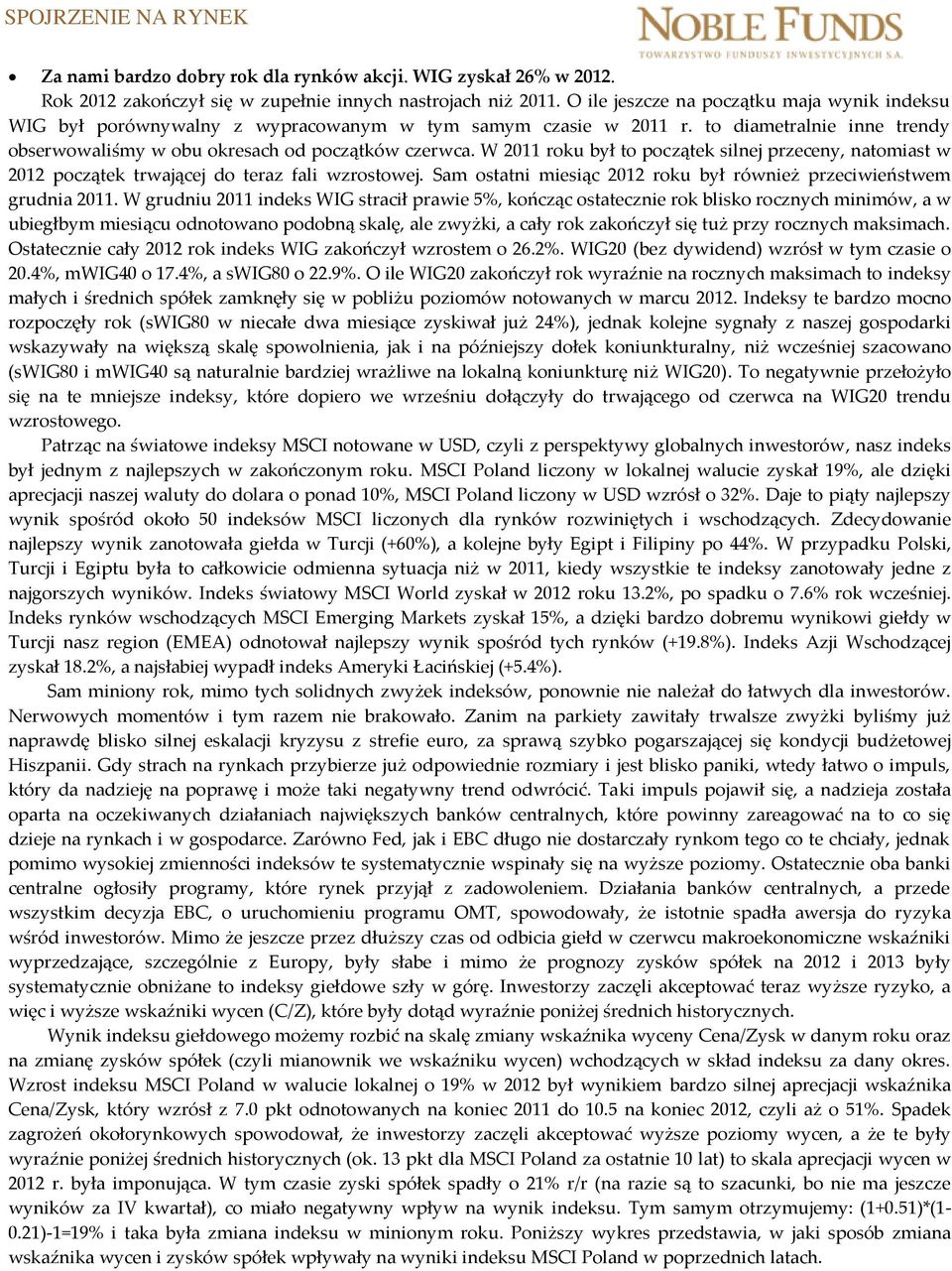 W 2011 roku był to początek silnej przeceny, natomiast w 2012 początek trwającej do teraz fali wzrostowej. Sam ostatni miesiąc 2012 roku był również przeciwieństwem grudnia 2011.