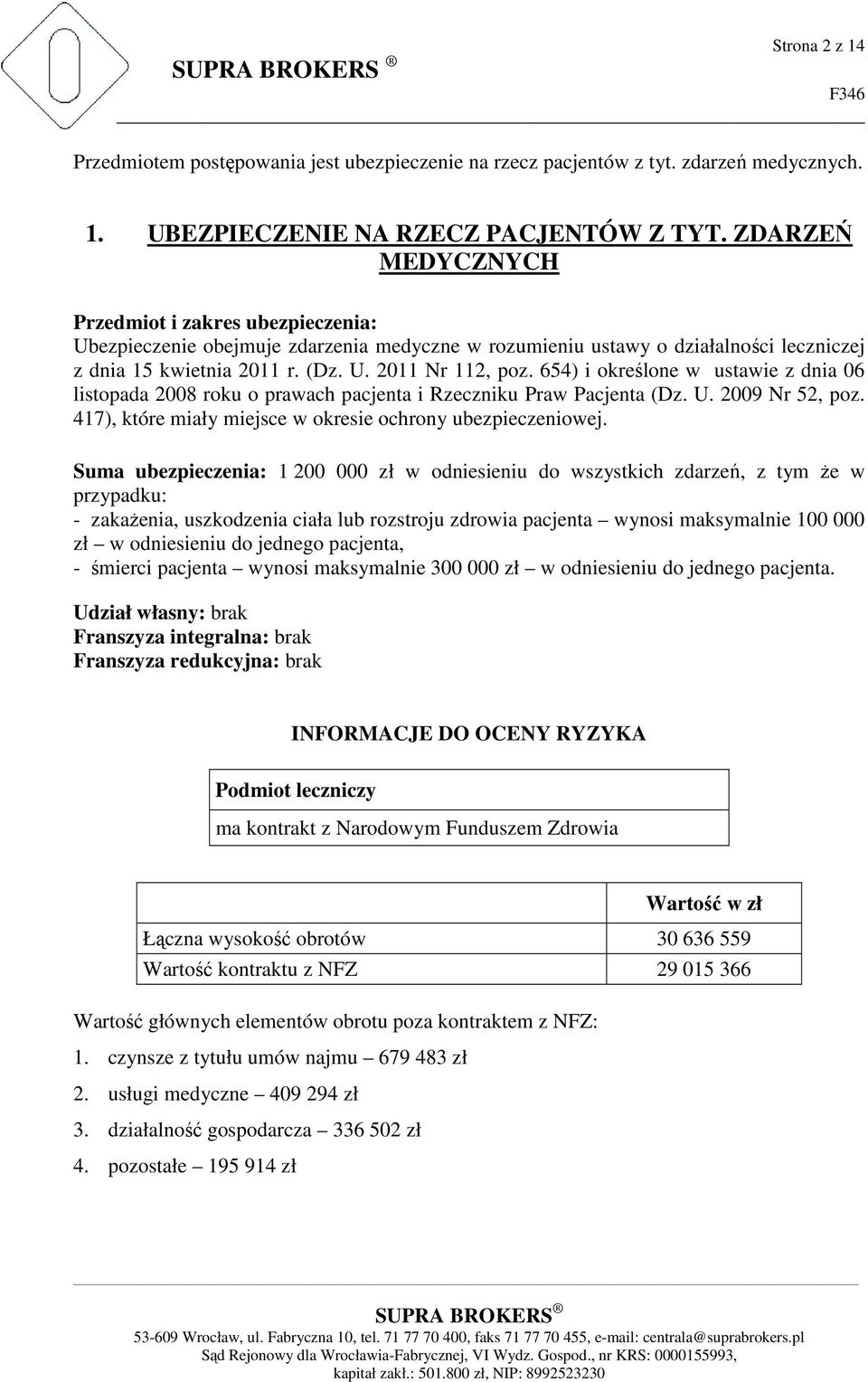 654) i określone w ustawie z dnia 06 listopada 2008 roku o prawach pacjenta i Rzeczniku Praw Pacjenta (Dz. U. 2009 Nr 52, poz. 417), które miały miejsce w okresie ochrony ubezpieczeniowej.