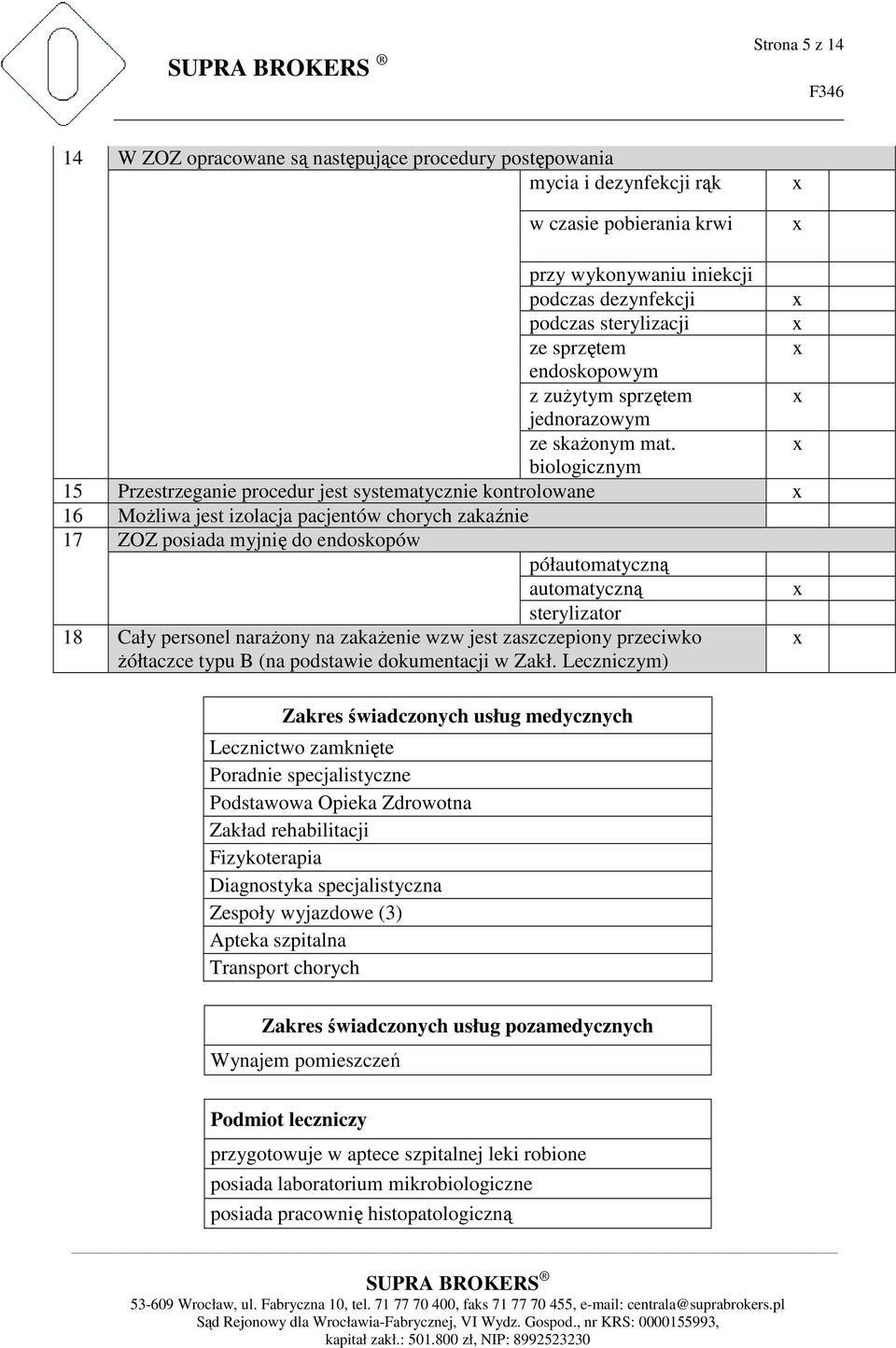 biologicznym 15 Przestrzeganie procedur jest systematycznie kontrolowane 16 Możliwa jest izolacja pacjentów chorych zakaźnie 17 ZOZ posiada myjnię do endoskopów półautomatyczną automatyczną