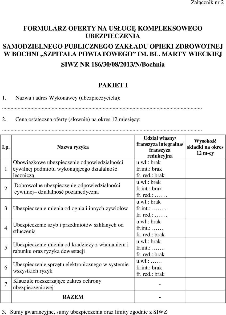 1 2 Nazwa ryzyka Obowiązkowe ubezpieczenie odpowiedzialności cywilnej podmiotu wykonującego działalność leczniczą Dobrowolne ubezpieczenie odpowiedzialności cywilnej działalność pozamedyczna 3