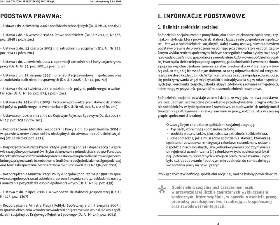 1001, z późn. zm.) Ustawa z dn. 27 sierpnia 1997 r. o rehabilitacji zawodowej i społecznej oraz zatrud nianiu osób niepełnosprawnych (Dz. U. z 2008 r., Nr 14, poz. 92) Ustawa z dn. 24 kwietnia 2003 r.