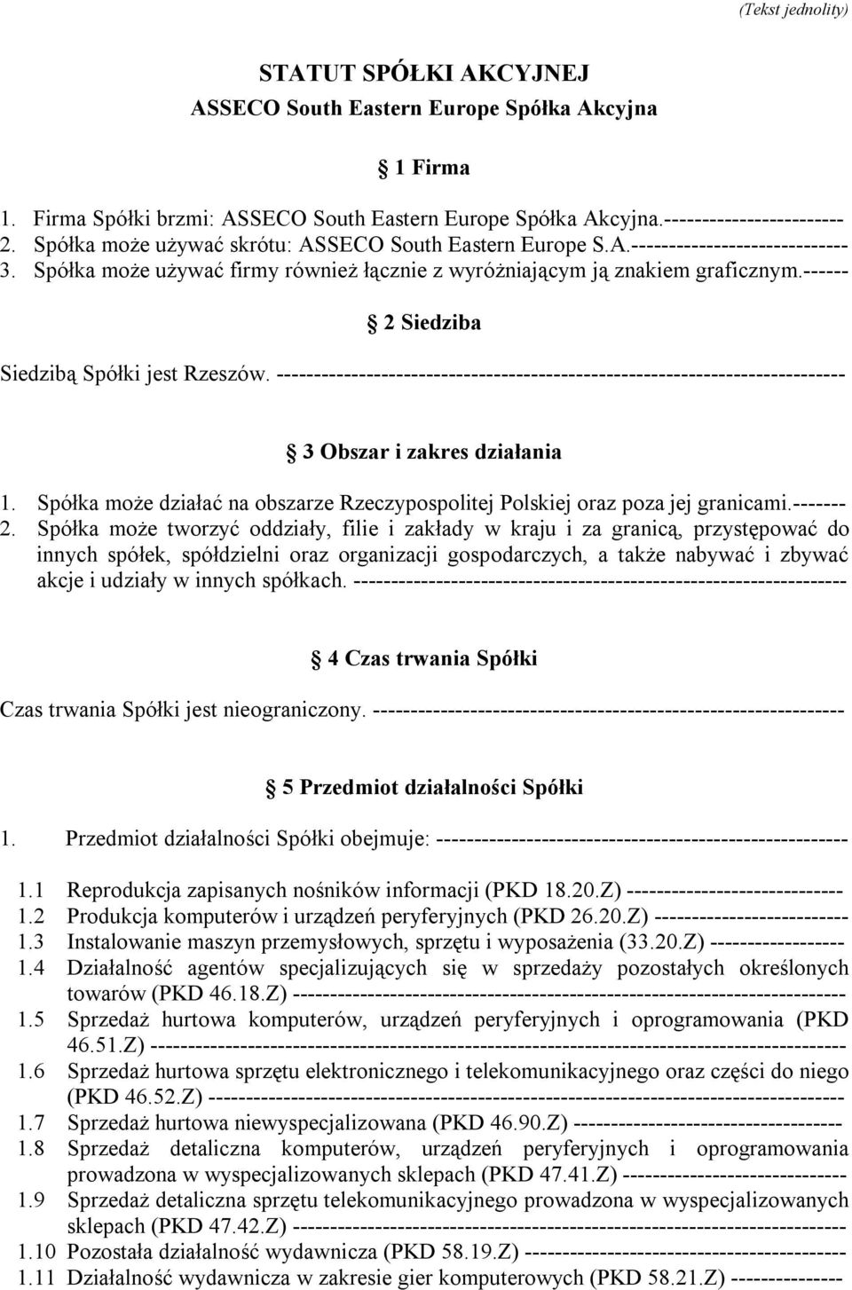 ------ 2 Siedziba Siedzibą Spółki jest Rzeszów. ---------------------------------------------------------------------------- 3 Obszar i zakres działania 1.