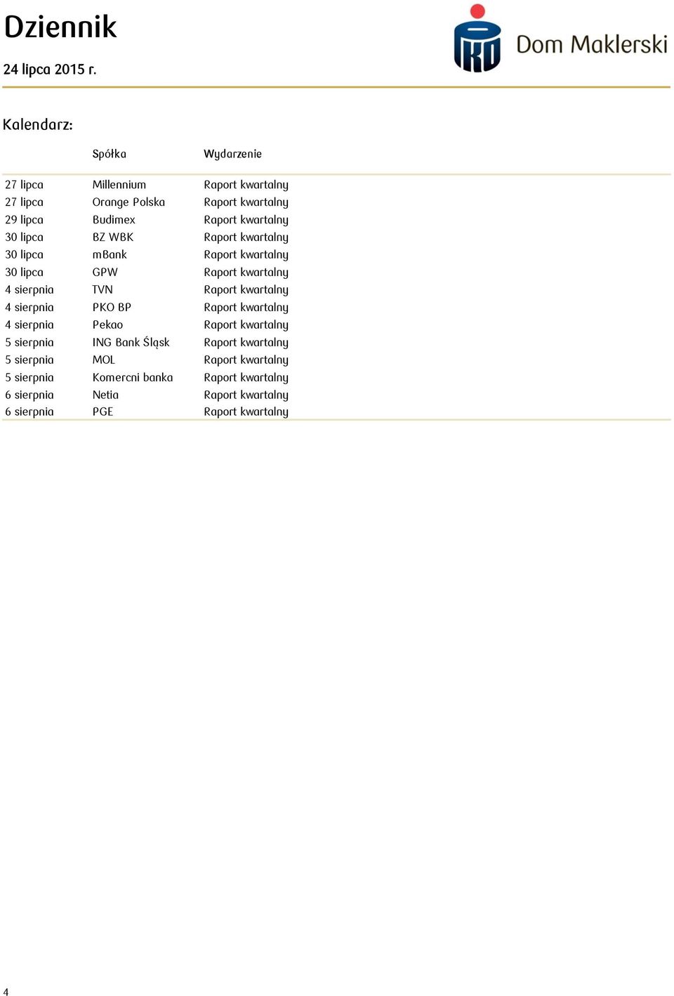 kwartalny 4 sierpnia PKO BP Raport kwartalny 4 sierpnia Pekao Raport kwartalny 5 sierpnia ING Bank Śląsk Raport kwartalny 5