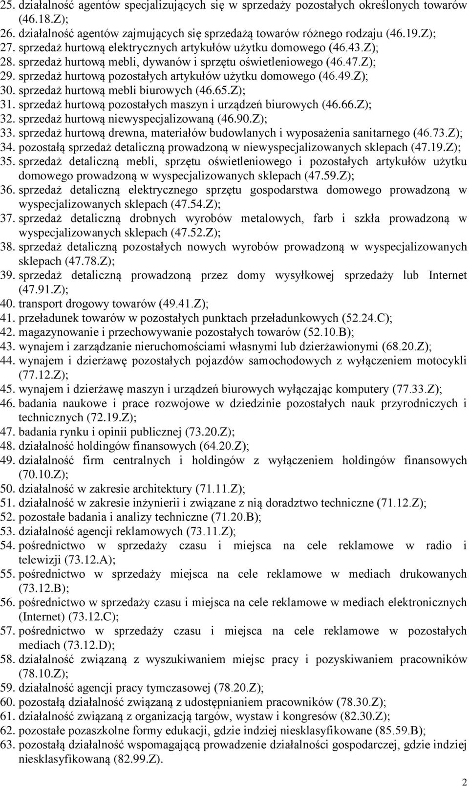 sprzedaż hurtową pozostałych artykułów użytku domowego (46.49.Z); 30. sprzedaż hurtową mebli biurowych (46.65.Z); 31. sprzedaż hurtową pozostałych maszyn i urządzeń biurowych (46.66.Z); 32.