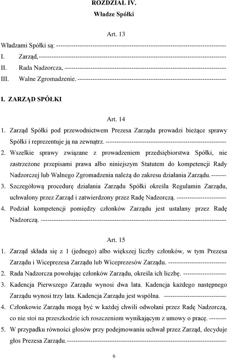 Walne Zgromadzenie. --------------------------------------------------------------------- I. ZARZĄD SPÓŁKI Art. 14 1.