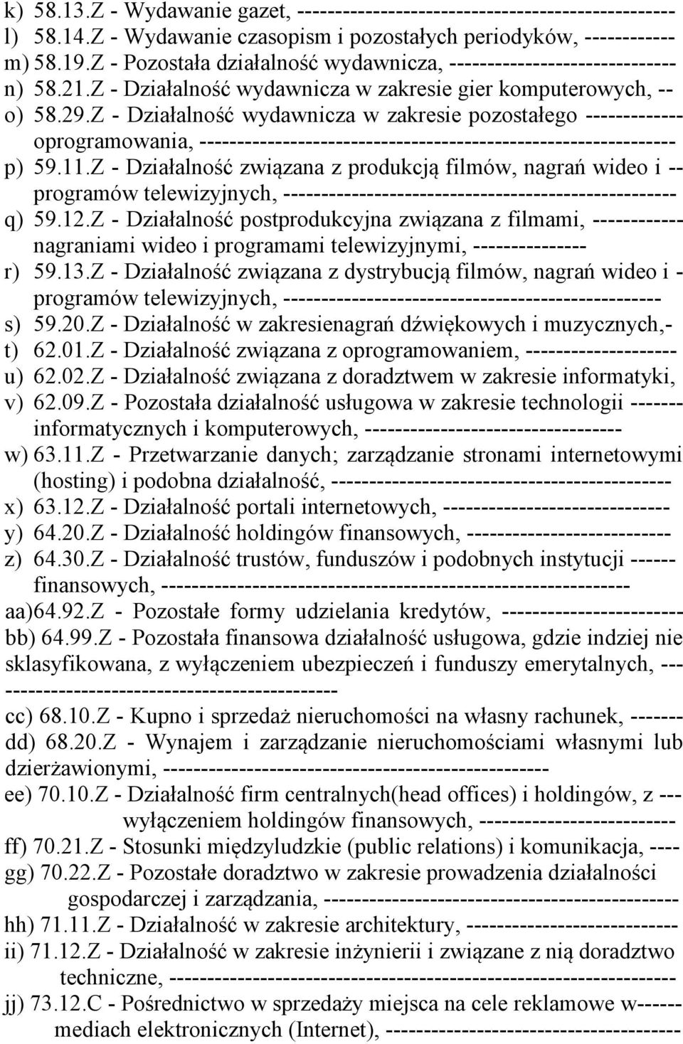 Z - Działalność wydawnicza w zakresie pozostałego ------------- oprogramowania, --------------------------------------------------------------- p) 59.11.