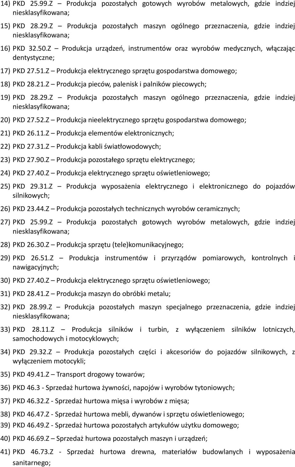 Z Produkcja pieców, palenisk i palników piecowych; 19) PKD 28.29.Z Produkcja pozostałych maszyn ogólnego przeznaczenia, gdzie indziej 20) PKD 27.52.