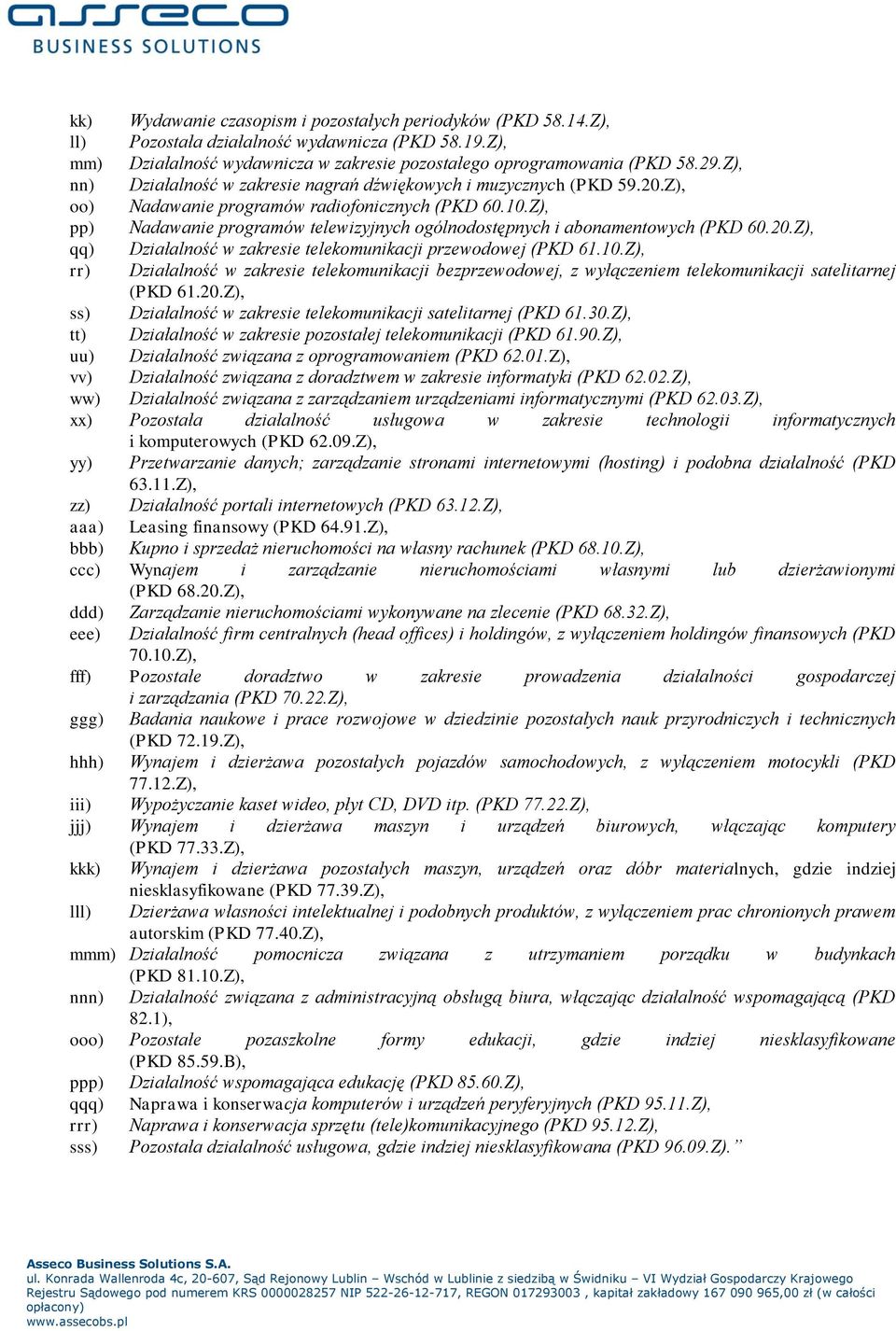 Z), pp) Nadawanie programów telewizyjnych ogólnodostępnych i abonamentowych (PKD 60.20.Z), qq) Działalność w zakresie telekomunikacji przewodowej (PKD 61.10.