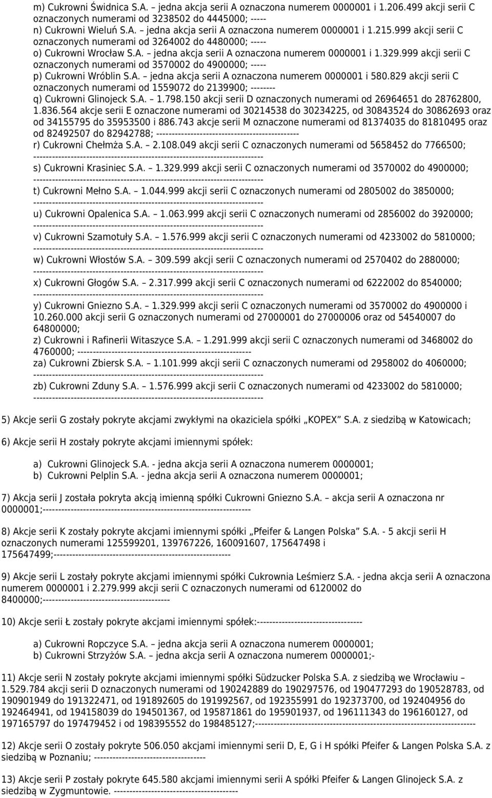 999 akcji serii C oznaczonych numerami od 3570002 do 4900000; ----- p) Cukrowni Wróblin S.A. jedna akcja serii A oznaczona numerem 0000001 i 580.