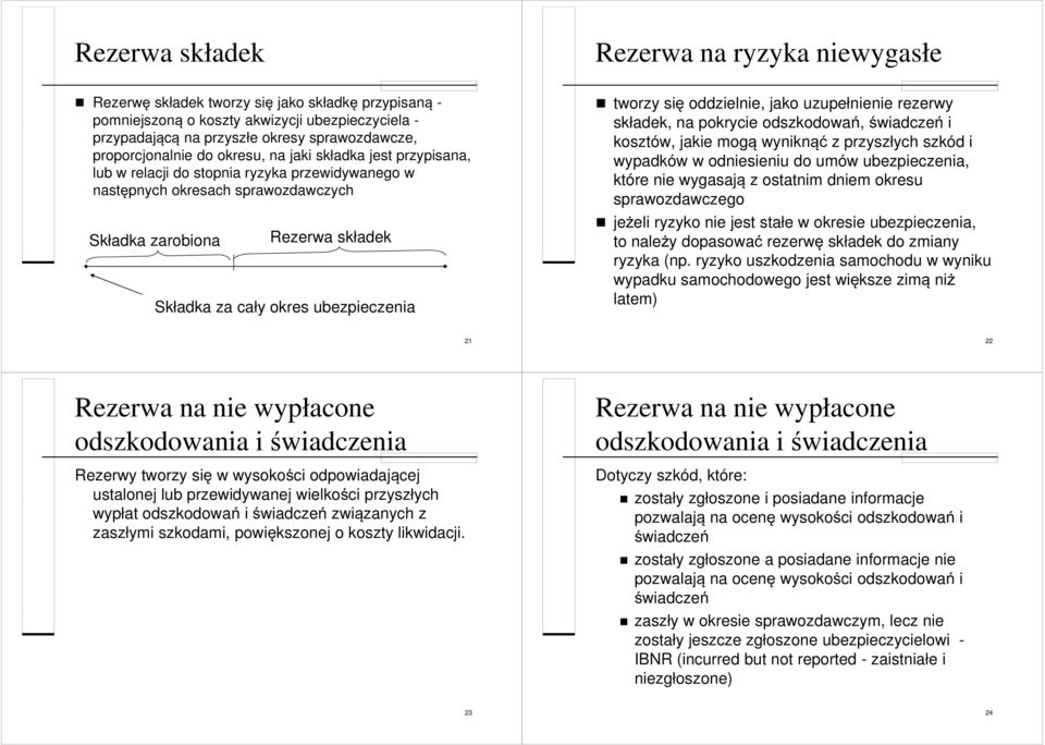 ryzyka niewygasłe tworzy się oddzielnie, jako uzupełnienie rezerwy składek, na pokrycie odszkodowań, świadczeń i kosztów, jakie mogą wyniknąć z przyszłych szkód i wypadków w odniesieniu do umów