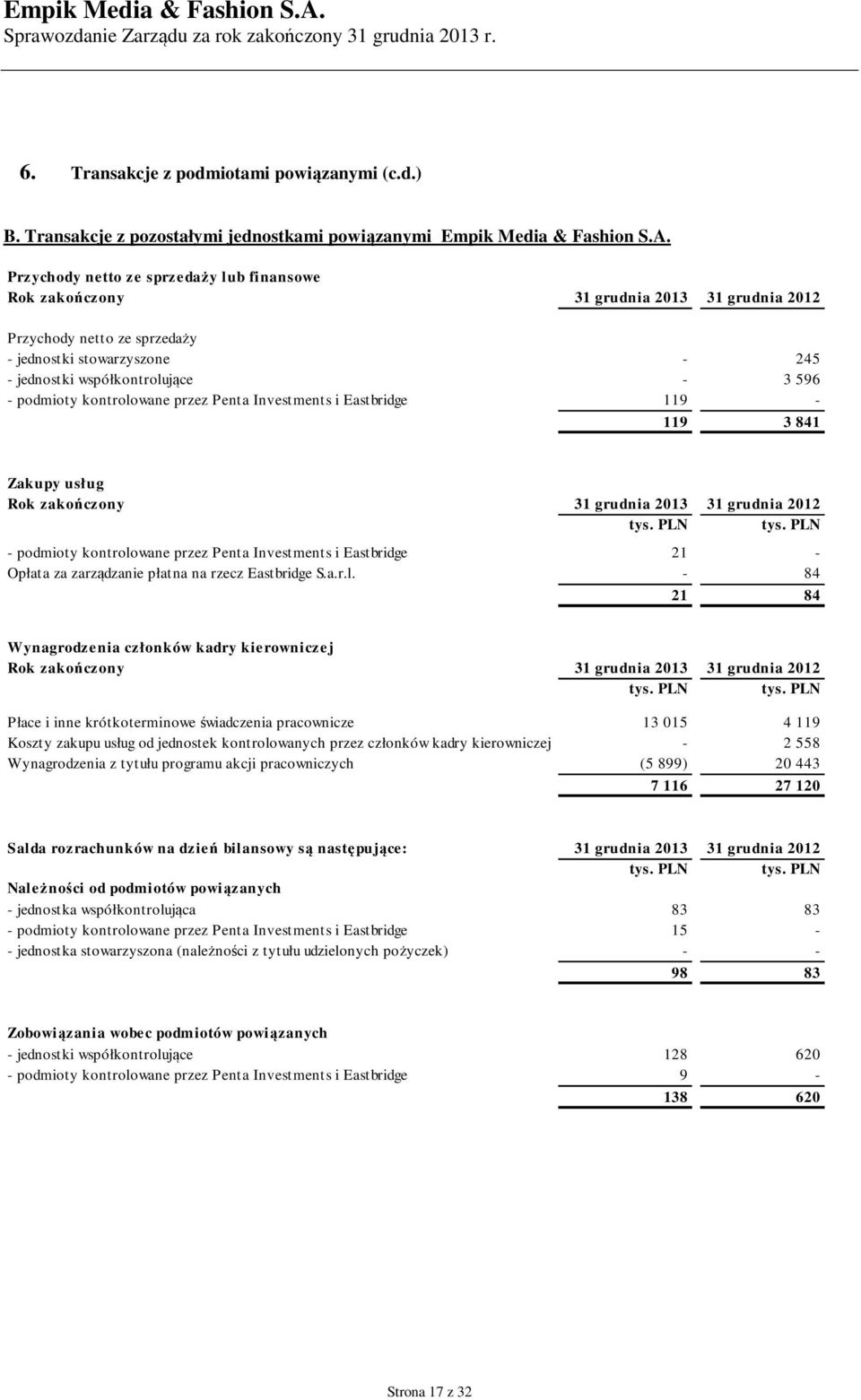 kontrolowane przez Penta Investments i Eastbridge 119-119 3 841 Zakupy usług Rok zakończony 31 grudnia 2013 31 grudnia 2012 tys. PLN tys.
