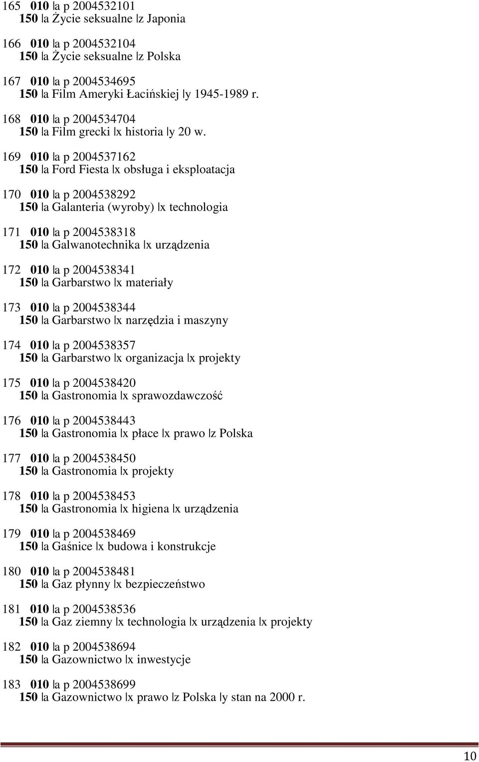 169 010 a p 2004537162 150 a Ford Fiesta x obsługa i eksploatacja 170 010 a p 2004538292 150 a Galanteria (wyroby) x technologia 171 010 a p 2004538318 150 a Galwanotechnika x urządzenia 172 010 a p