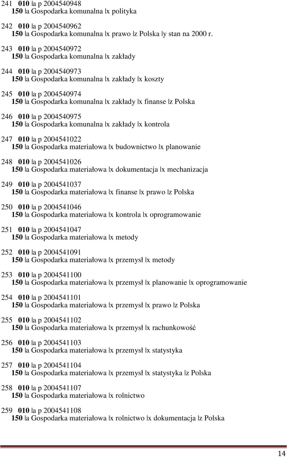 z Polska 246 010 a p 2004540975 150 a Gospodarka komunalna x zakłady x kontrola 247 010 a p 2004541022 150 a Gospodarka materiałowa x budownictwo x planowanie 248 010 a p 2004541026 150 a Gospodarka