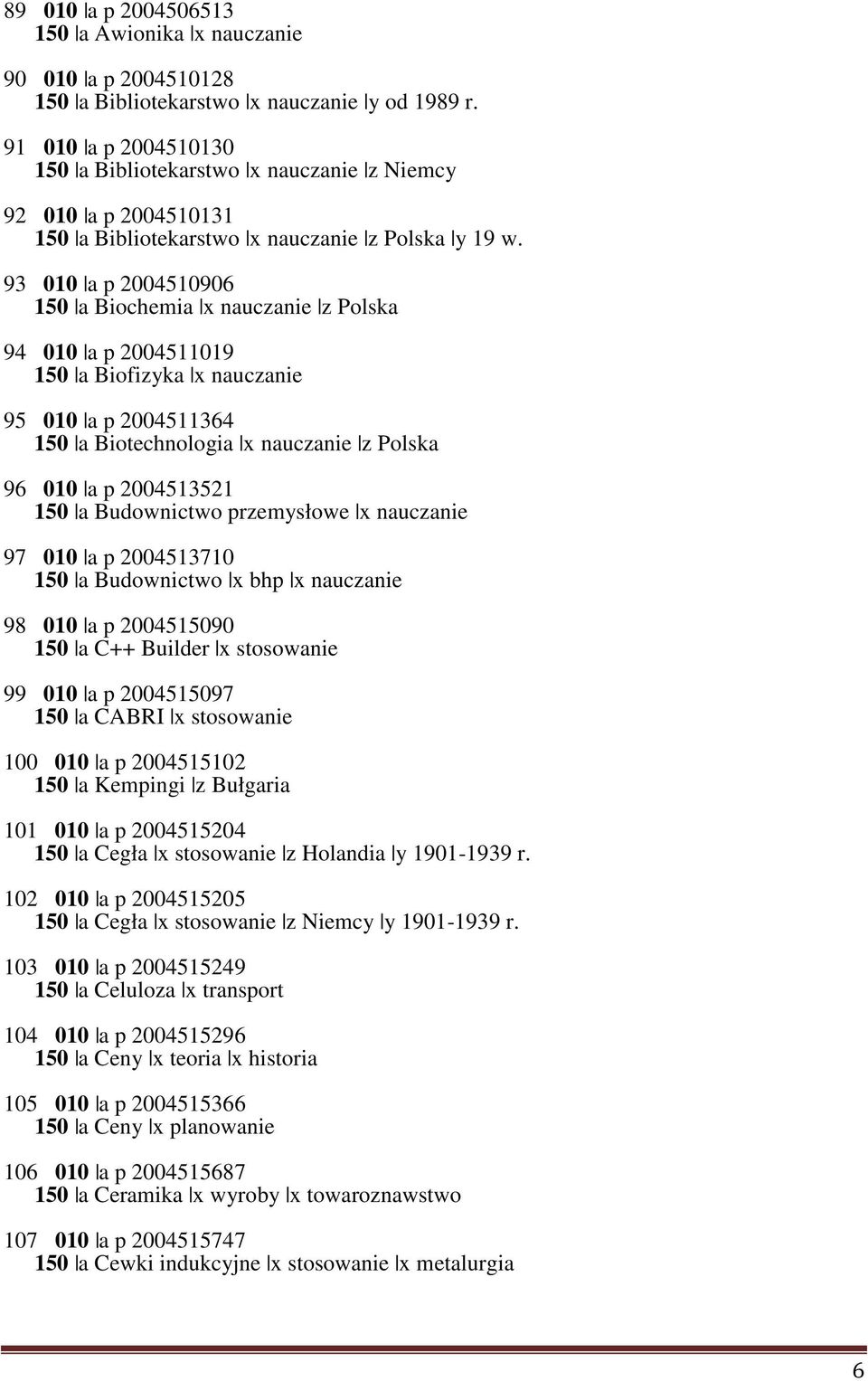 93 010 a p 2004510906 150 a Biochemia x nauczanie z Polska 94 010 a p 2004511019 150 a Biofizyka x nauczanie 95 010 a p 2004511364 150 a Biotechnologia x nauczanie z Polska 96 010 a p 2004513521 150