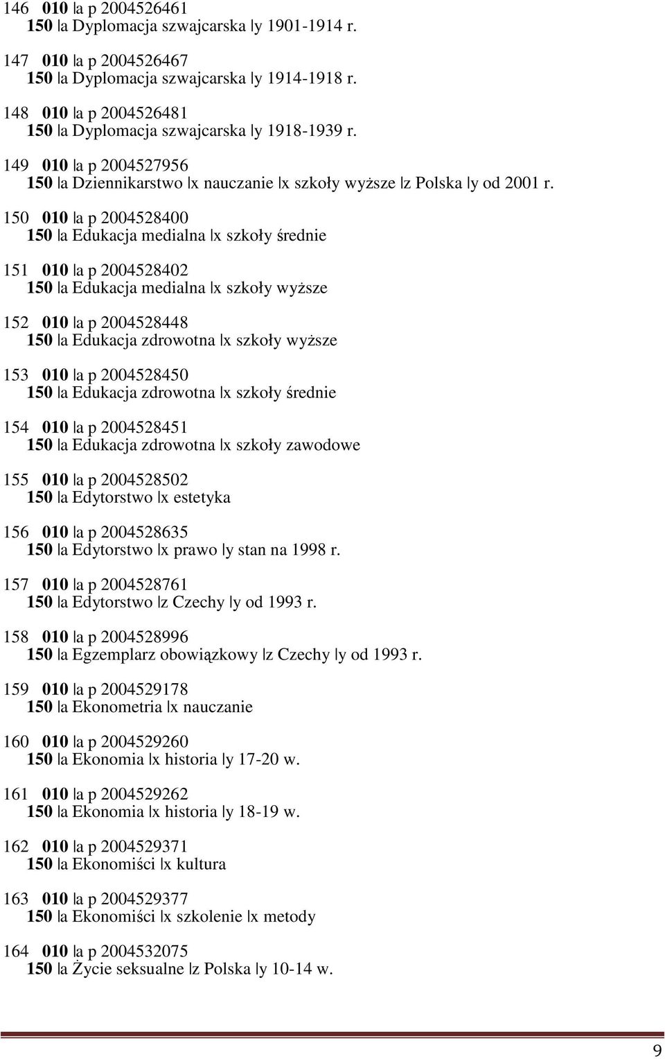 150 010 a p 2004528400 150 a Edukacja medialna x szkoły średnie 151 010 a p 2004528402 150 a Edukacja medialna x szkoły wyższe 152 010 a p 2004528448 150 a Edukacja zdrowotna x szkoły wyższe 153 010