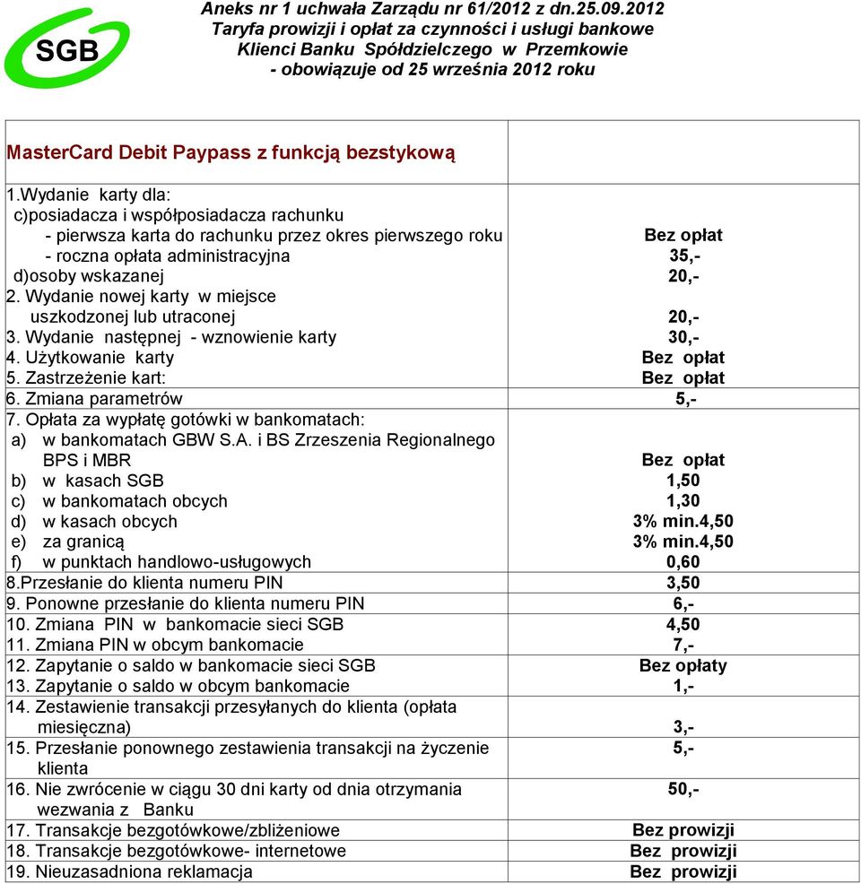 utraconej 20,- 3. Wydanie następnej - wznowienie karty 30,- 4. Użytkowanie karty 5. Zastrzeżenie kart: 6. Zmiana parametrów 5,- 7. Opłata za wypłatę gotówki w bankomatach: a) w bankomatach GBW S.A.