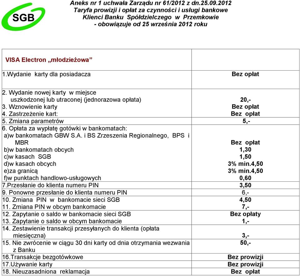 i BS Zrzeszenia Regionalnego, BPS i MBR b)w bankomatach obcych c)w kasach SGB d)w kasach obcych e)za granicą f)w punktach