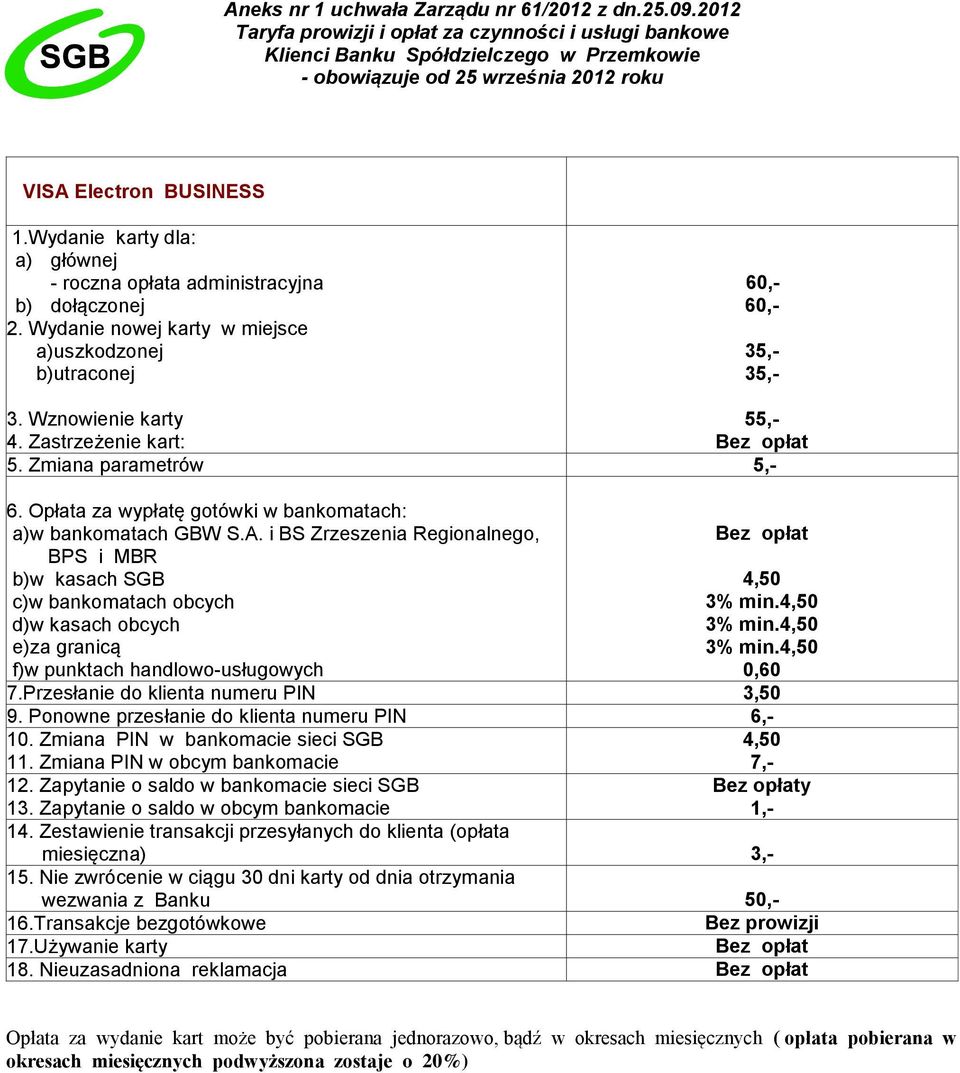 i BS Zrzeszenia Regionalnego, BPS i MBR b)w kasach SGB c)w bankomatach obcych d)w kasach obcych e)za granicą f)w punktach handlowo-usługowych 7.