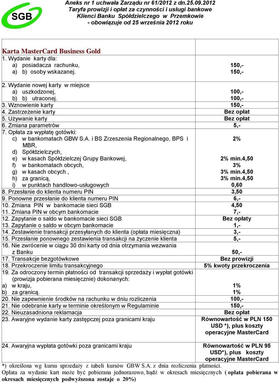 i BS Zrzeszenia Regionalnego, BPS i MBR, d) Spółdzielczych, e) w kasach Spółdzielczej Grupy Bankowej, f) w bankomatach obcych, g) w kasach obcych, h) za granicą, i) w punktach handlowo-usługowych 2%