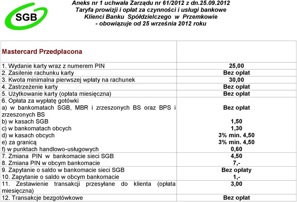 Opłata za wypłatę gotówki a) w bankomatach SGB, MBR i zrzeszonych BS oraz BPS i zrzeszonych BS b) w kasach SGB c) w bankomatach obcych d) w kasach obcych e) za granicą f) w